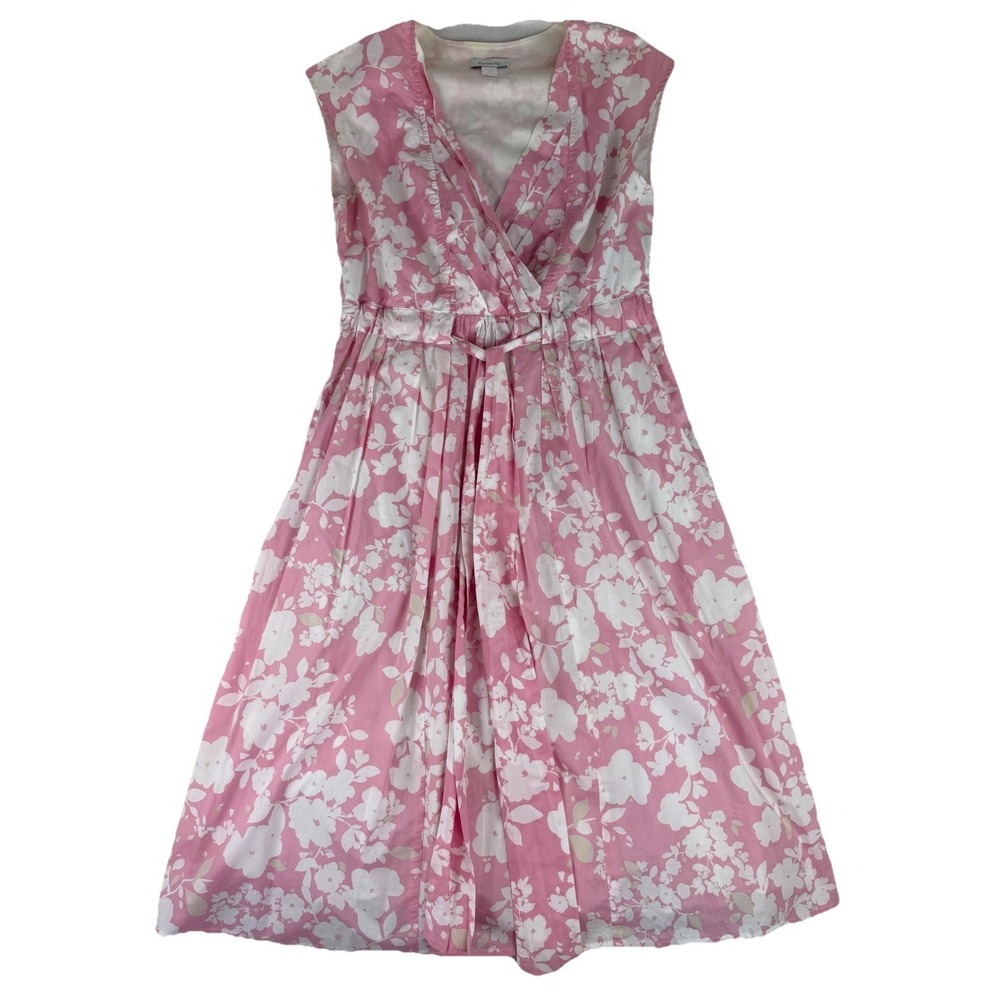 Garnet Hill Floral Sleeveless Midi Dress Sz 8 Lined Tie Waist Pink White Easter